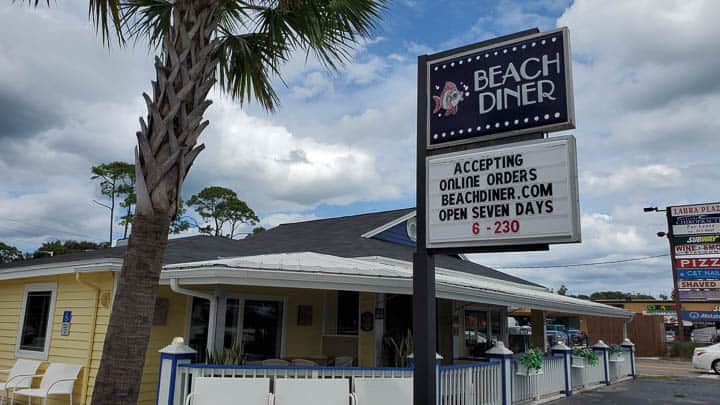 Exterior view of Beach Diner in Atlantic Beach, Florida showing the sign and building exterior on a bright sunny Florida day.